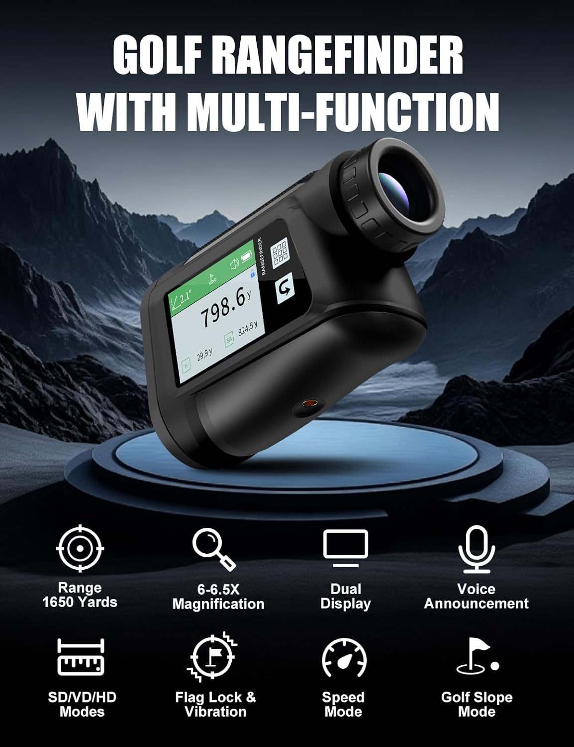BIRDIEPULSE Golf Rangefinder with Voice Announcement & Dual Display, 1650 Yards Range Finder for Golf, 6-6.5X Magnification, with Height & Speed Measurement, Multifunctional Outdoor Rangefinder