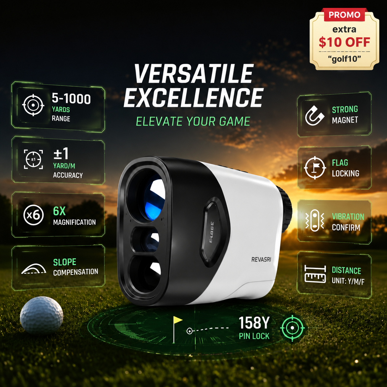 REVASRI 3M09 Golf Rangefinder with Slope Compensation, Flag Lock & Magnetic Strip