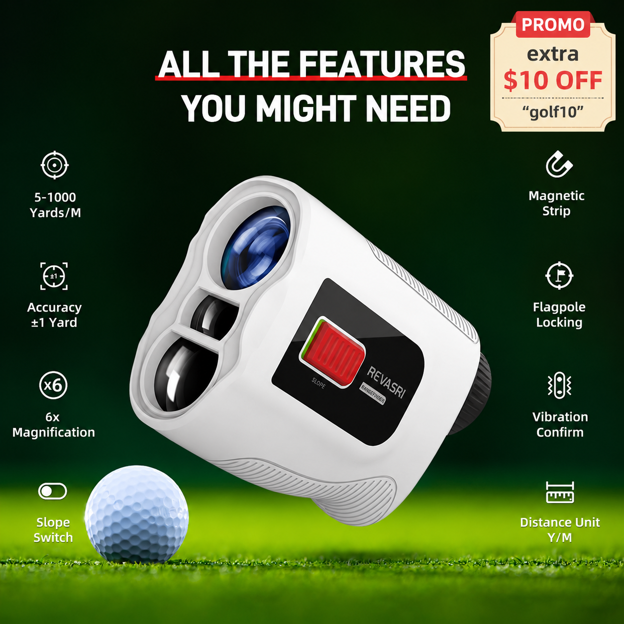 REVASRI 3M07 Golf Laser Rangefinder-Flag Lock, Slope, Magnetic Strip