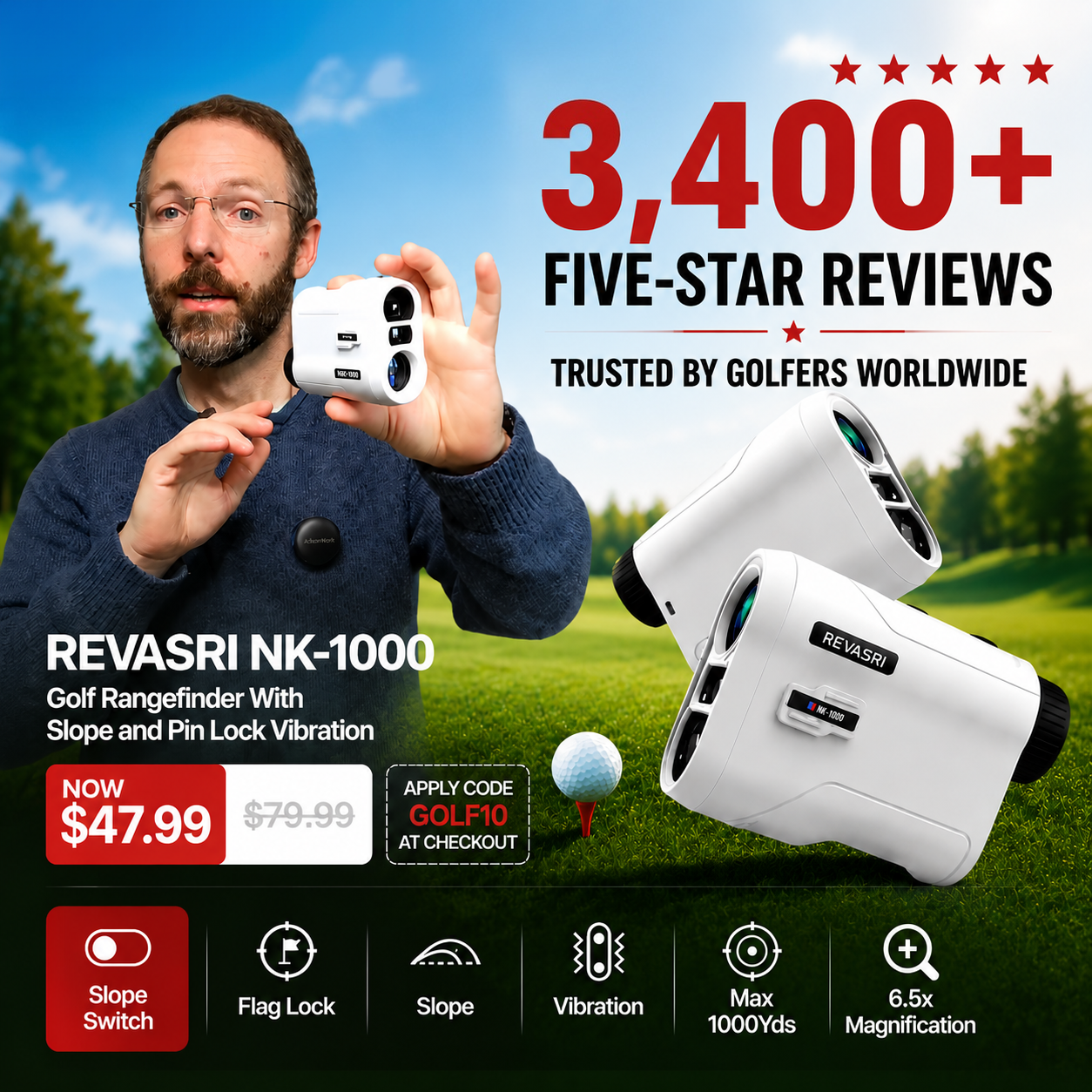 Revasri Golf Rangefinder for Beginners with Slope, Pin Lock Vibration & Easy Target Locking